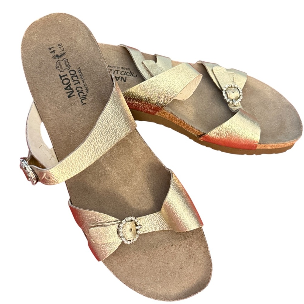 Naot Kate Sandals Size 41 / US 10 Gold Metallic Leather Comfort Slides Flaw New